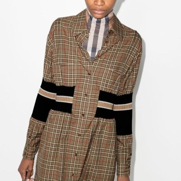 Burberry - Rib Knit Panel Check Cotton Poplin Shirt Dress - Size 36 - Picture 3 of 16